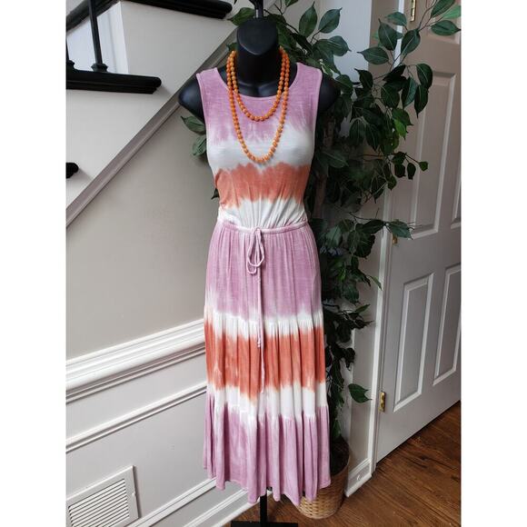 Knox Rose Maxi Dress Womens XS Multi Tie Dye Stretch Drawstring Waist Round Neck - Picture 1 of 11
